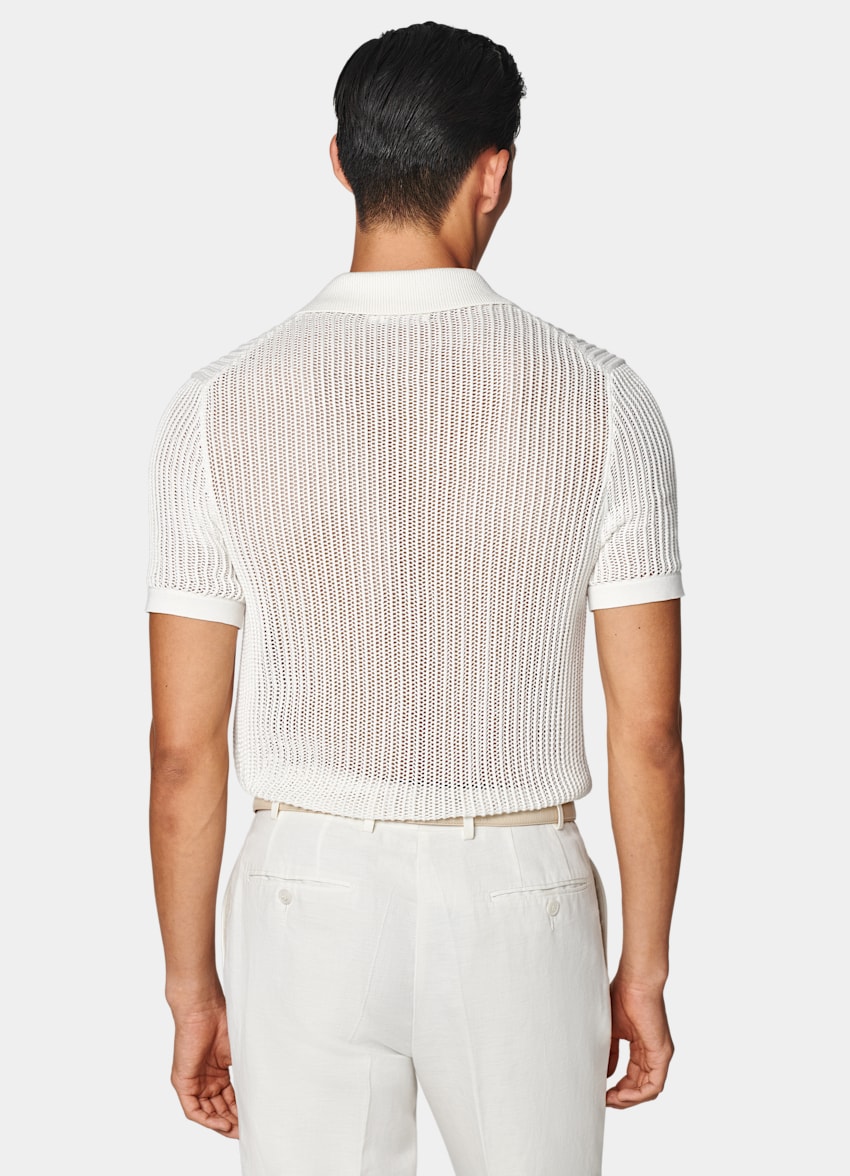Off White Crochet Polo Cardigan in Californian Cotton Mulberry Silk SUITSUPPLY US