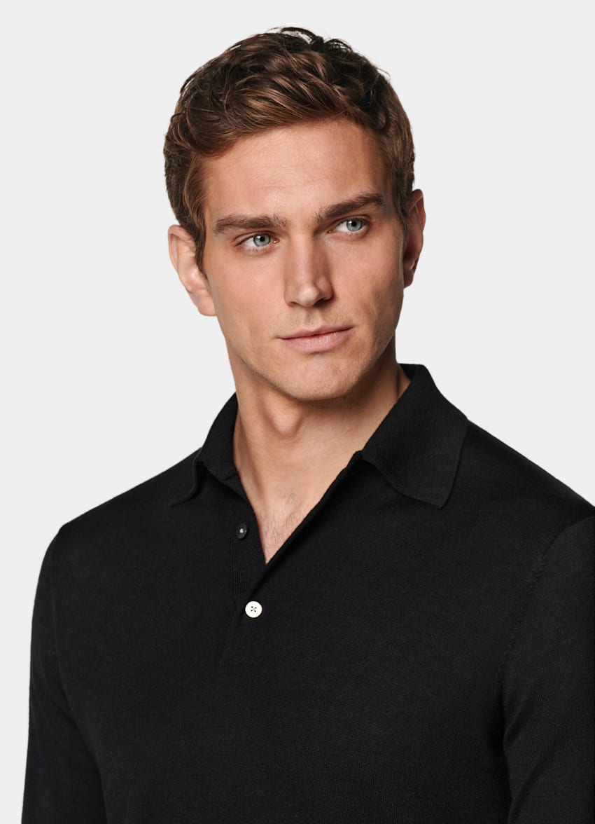 SUITSUPPLY Pure Schurwolle Merino Poloshirt Langarm schwarz