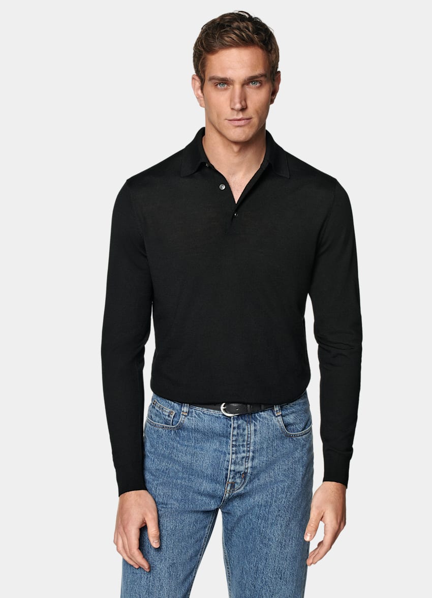 SUITSUPPLY Pure Wool Black Merino Long Sleeve Polo