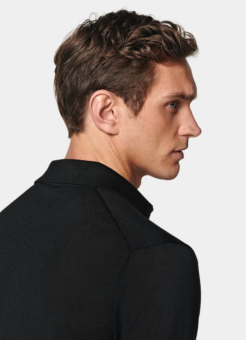 SUITSUPPLY Pure Wool Black Merino Long Sleeve Polo