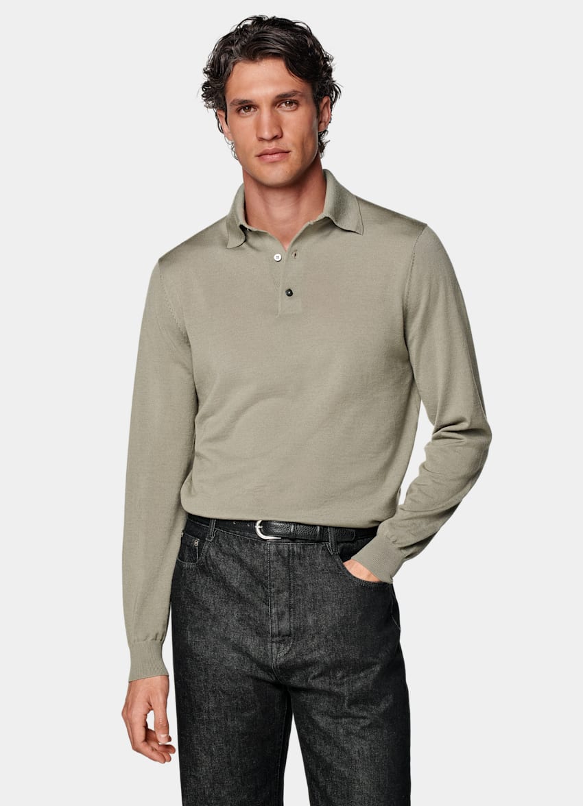 SUITSUPPLY Pure Wool Light Green Merino Long Sleeve Polo