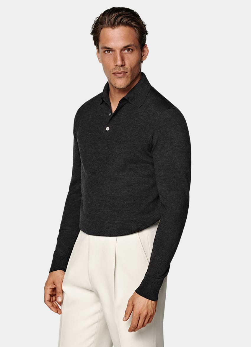 SUITSUPPLY Pure Schurwolle Merino Poloshirt Langarm dunkelgrau