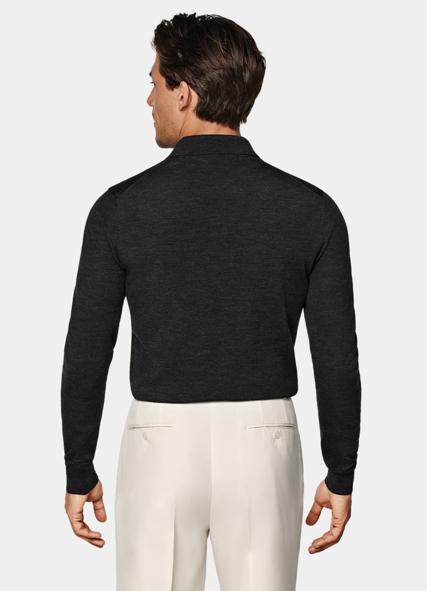 SUITSUPPLY Pure Wool Dark Grey Merino Long Sleeve Polo