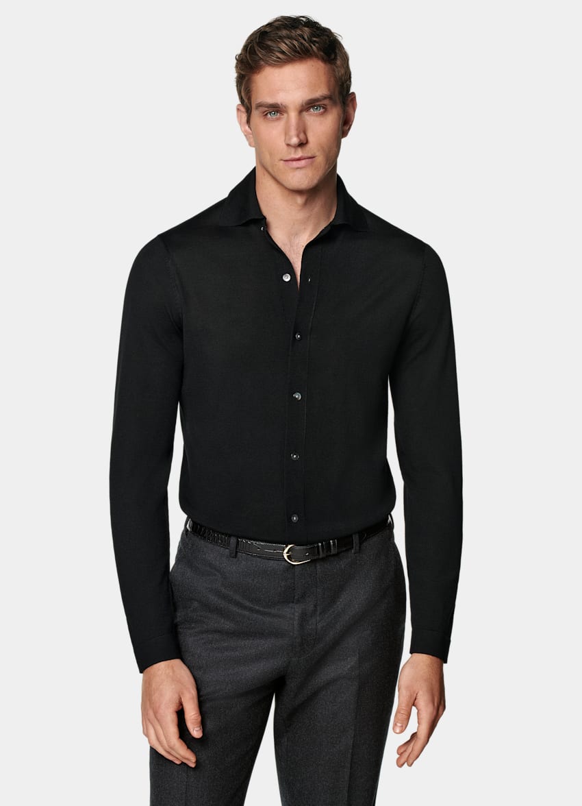 SUITSUPPLY Pura lana Cárdigan polo negro de manga larga merino