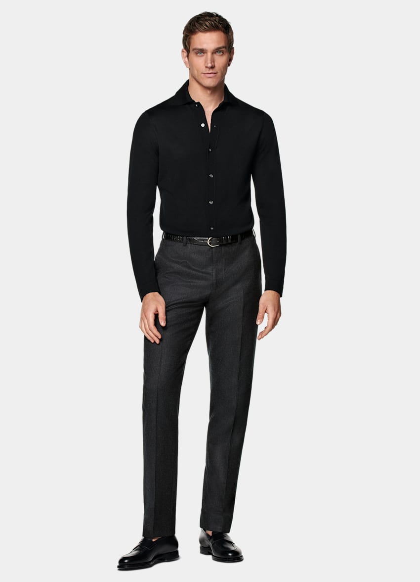 SUITSUPPLY Pure laine Cardigan col polo à manches longues Merino noir