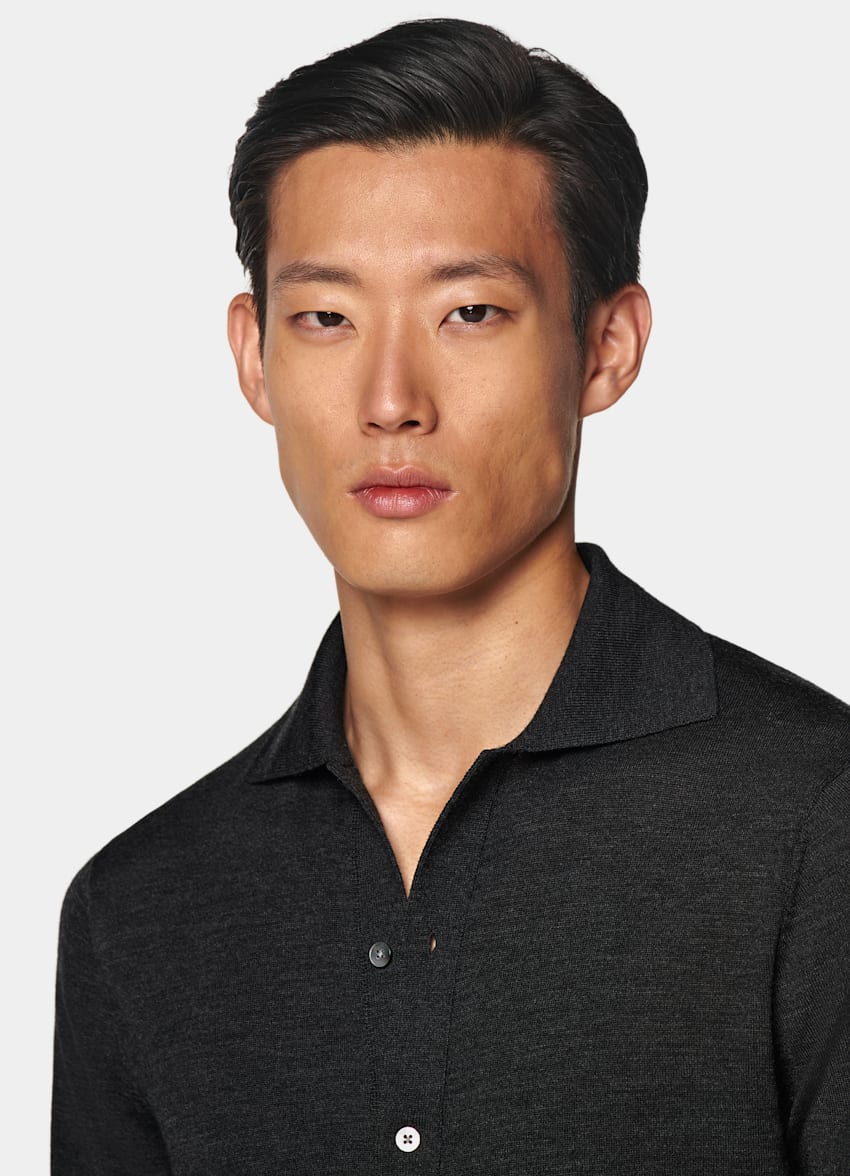 SUITSUPPLY Pura lana Cárdigan polo gris oscuro de manga larga merino