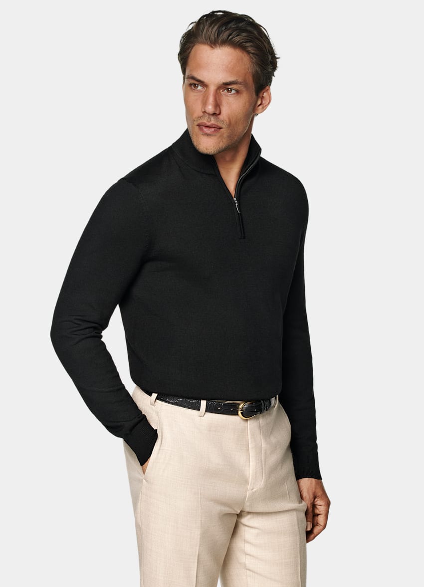 SUITSUPPLY Ren ull Svart merinotröja med half zip