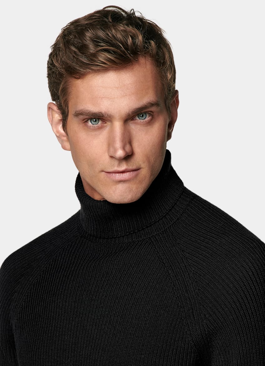 SUITSUPPLY Pure Wool Black Merino Ribbed Turtleneck