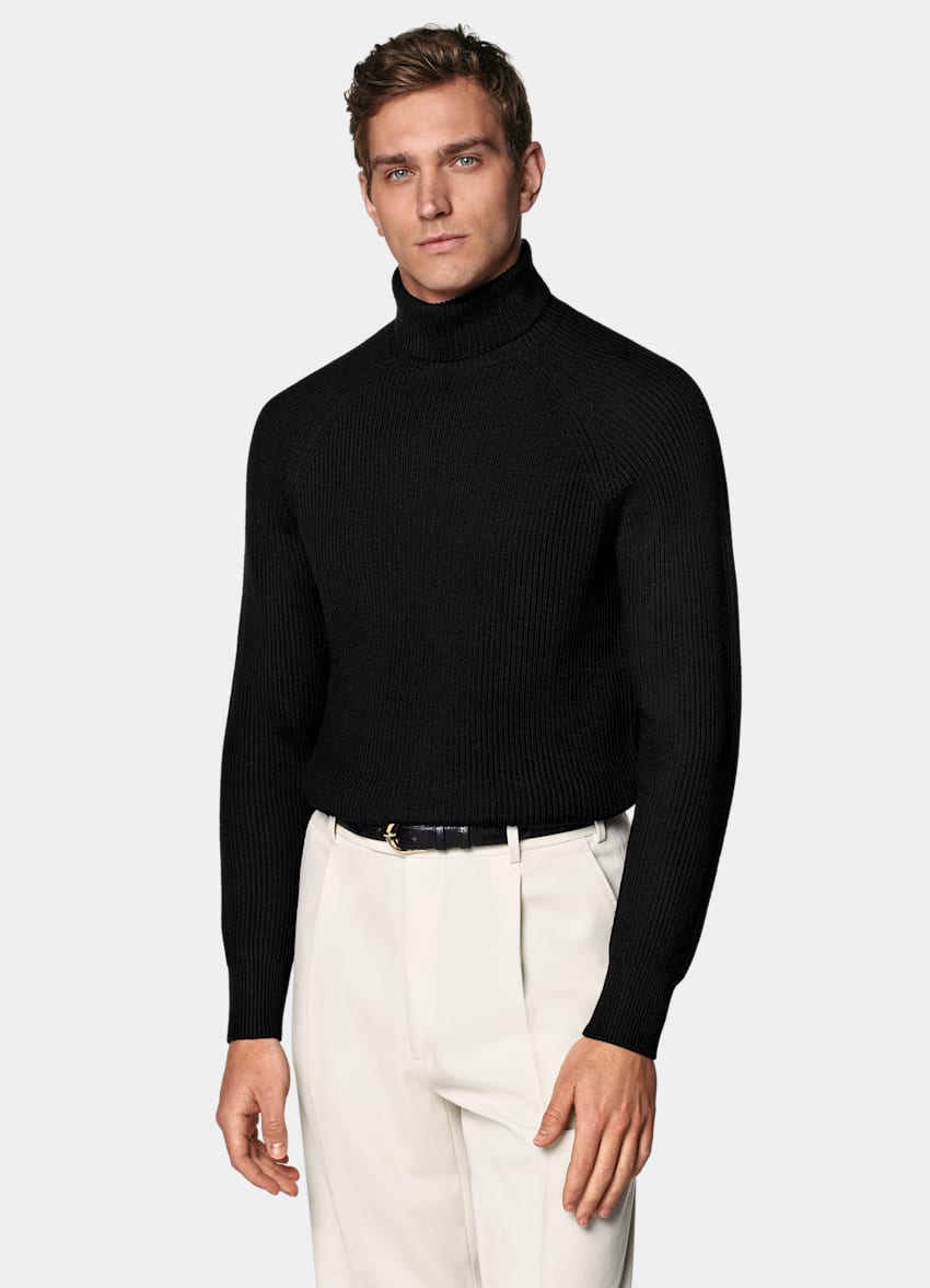 SUITSUPPLY Pure Wool Black Merino Ribbed Turtleneck