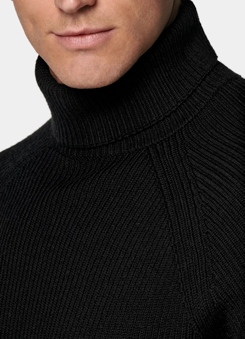 SUITSUPPLY Pure Wool Black Merino Ribbed Turtleneck