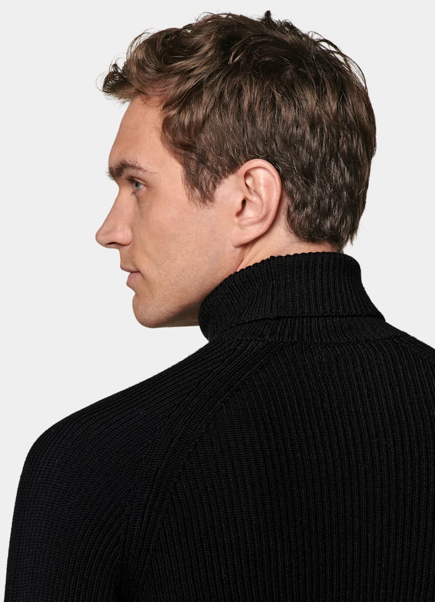 SUITSUPPLY Pure Schurwolle Merino Rollkragenpullover schwarz Rippstrick