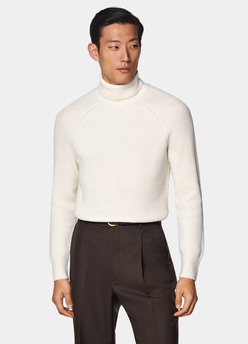 SUITSUPPLY Pure Schurwolle Merino Rollkragenpullover off-white Rippstrick