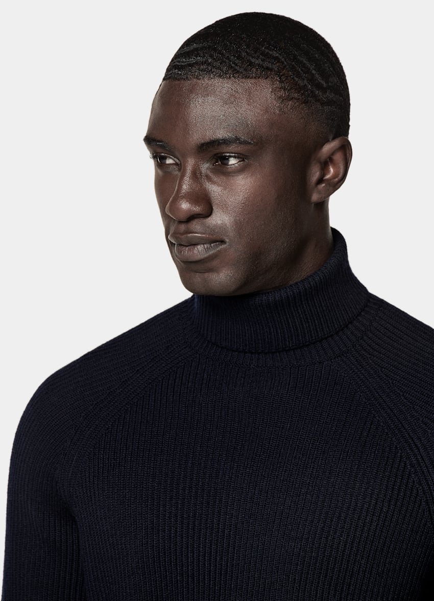 SUITSUPPLY Pure Wool Navy Merino Ribbed Turtleneck