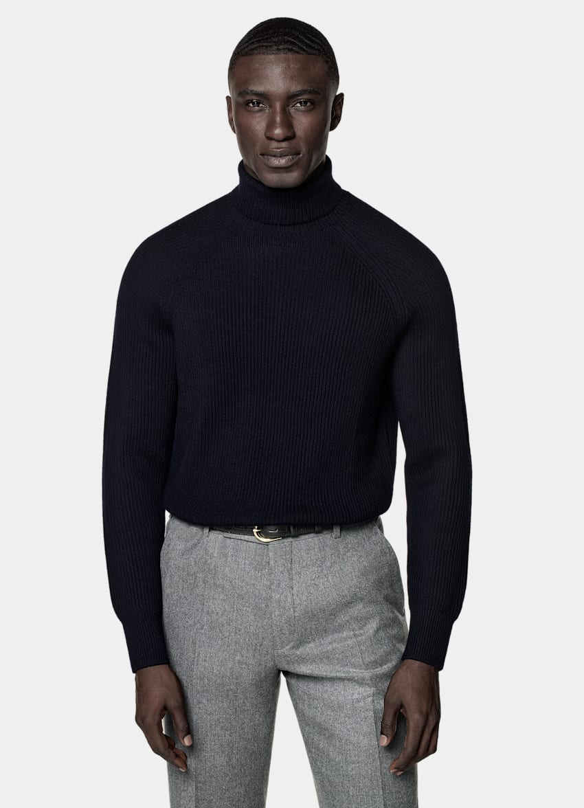 SUITSUPPLY Pure Wool Navy Merino Ribbed Turtleneck