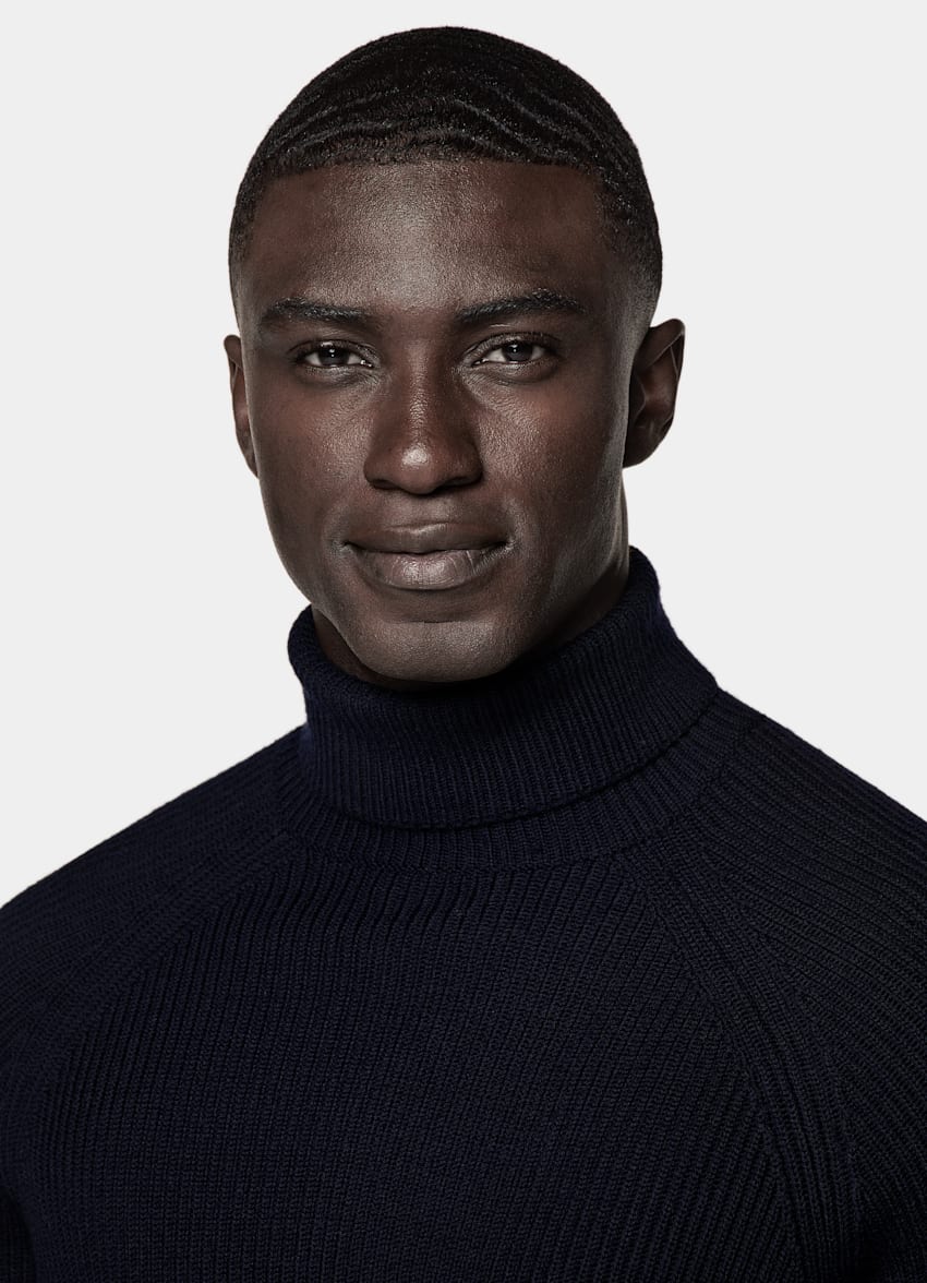 SUITSUPPLY Pure Wool Navy Merino Ribbed Turtleneck