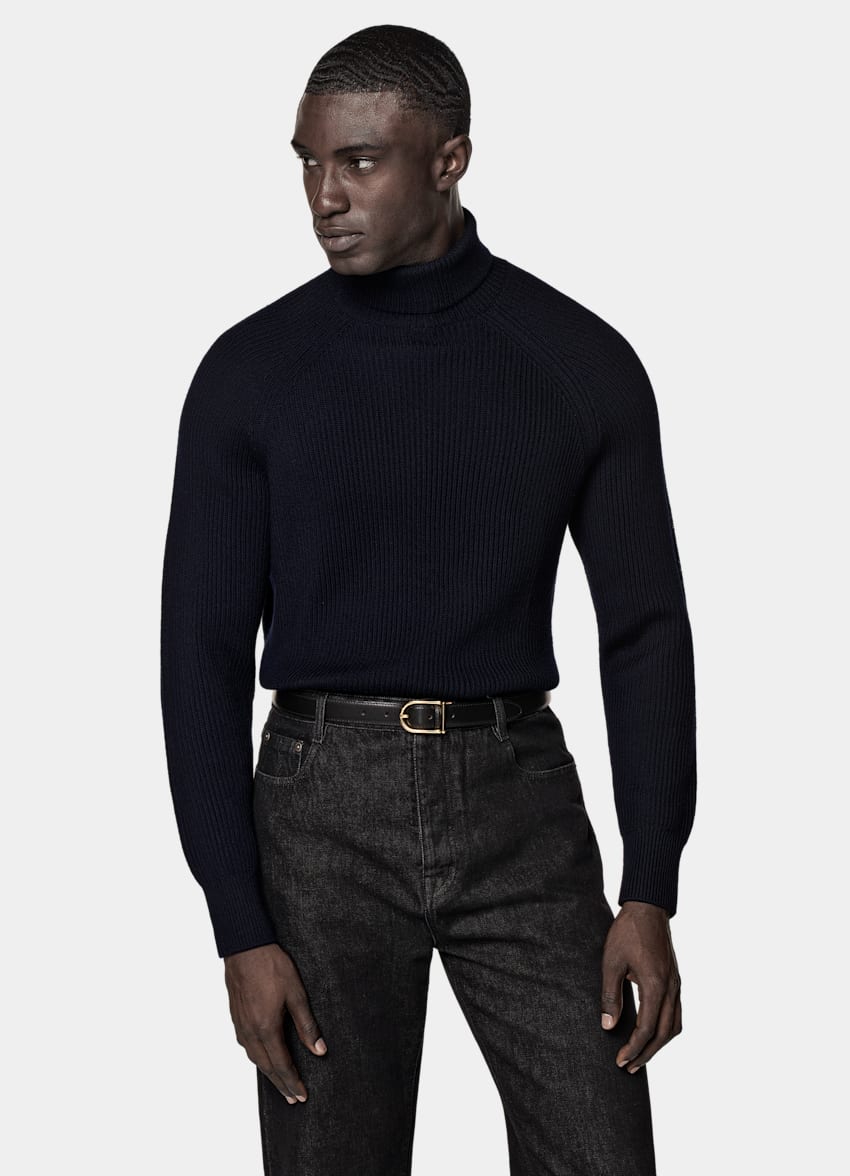 SUITSUPPLY Pure Schurwolle Merino Rollkragenpullover navy Rippstrick