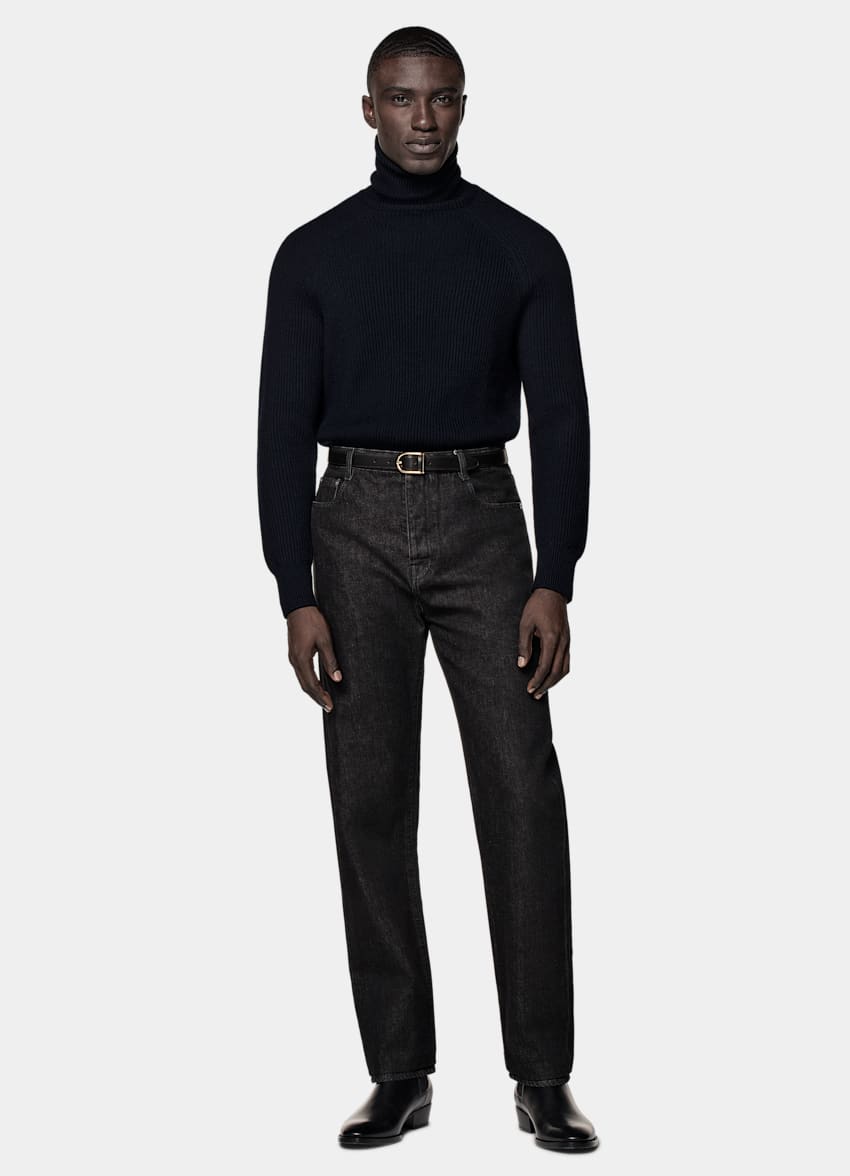 SUITSUPPLY Pure Wool Navy Merino Ribbed Turtleneck