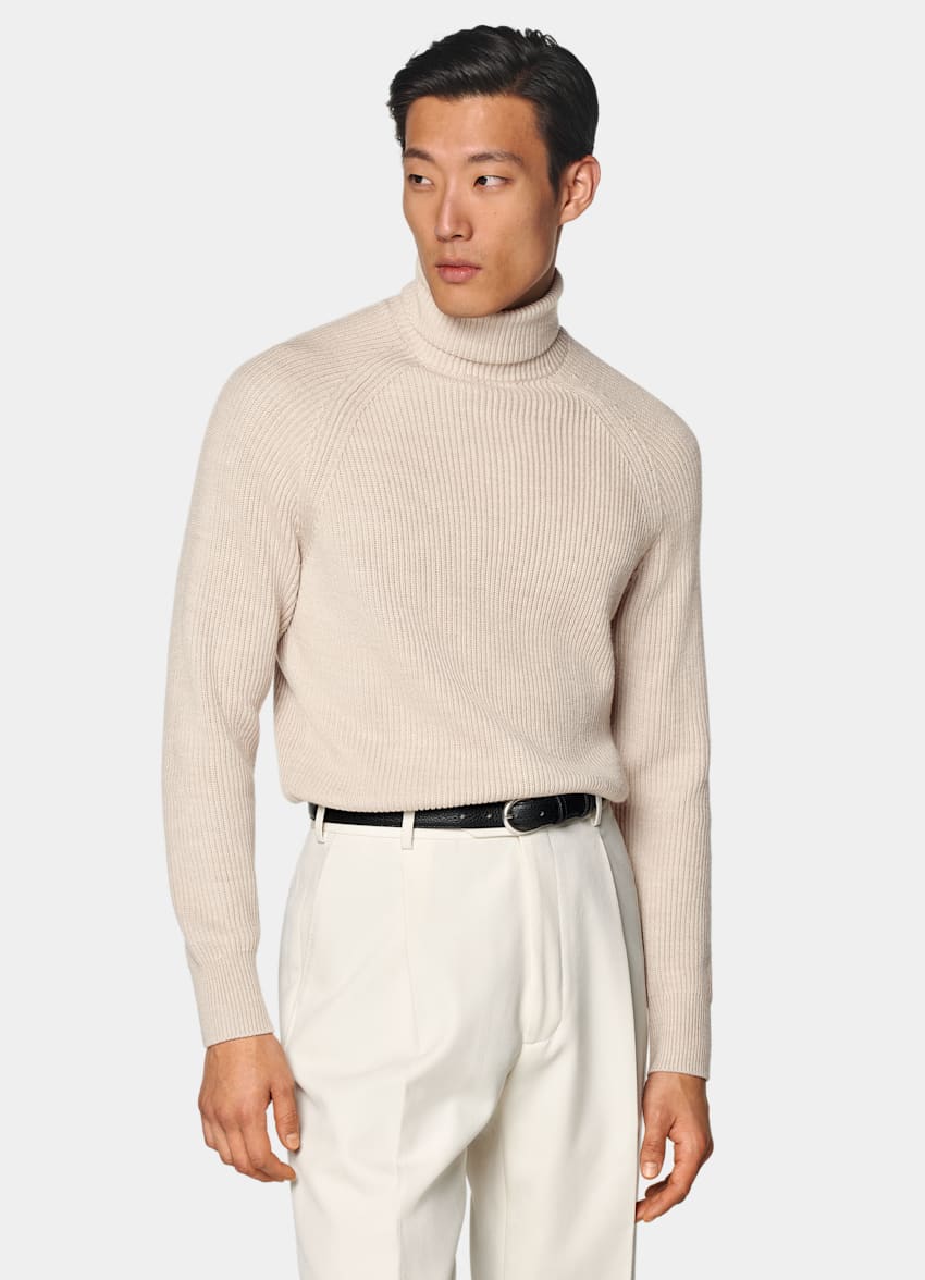 SUITSUPPLY Pure Wool Sand Merino Ribbed Turtleneck