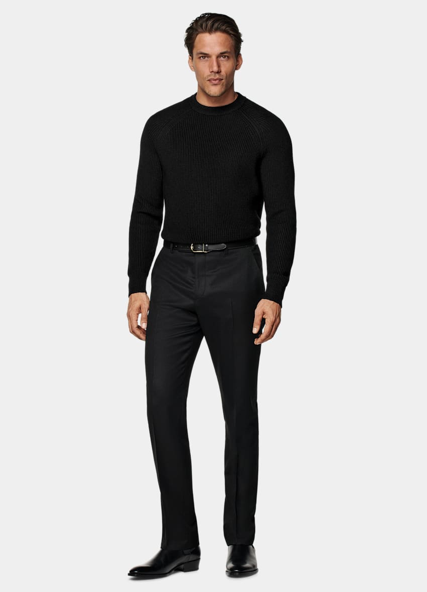 SUITSUPPLY Czysta wełna Sweter crewneck prążkowany merino czarny