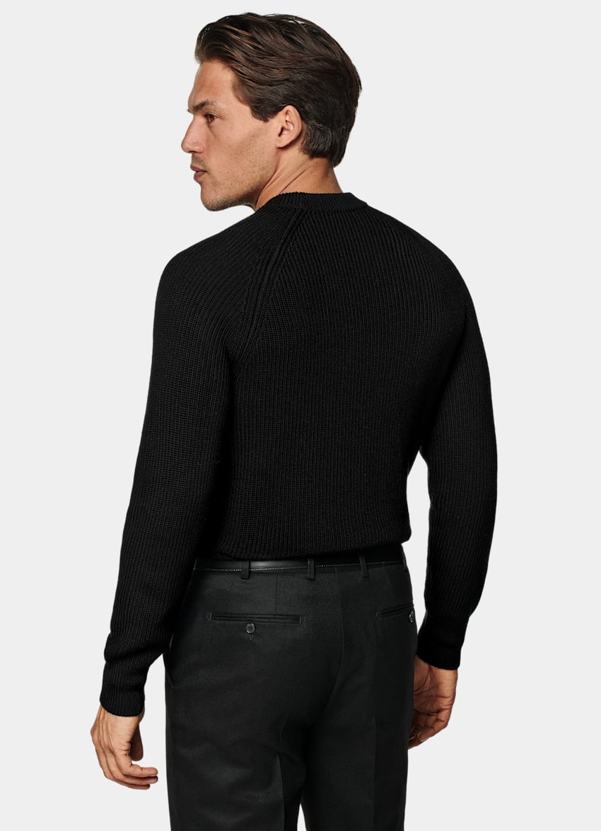 SUITSUPPLY Ren ull Ribbad svart crewneck i merino