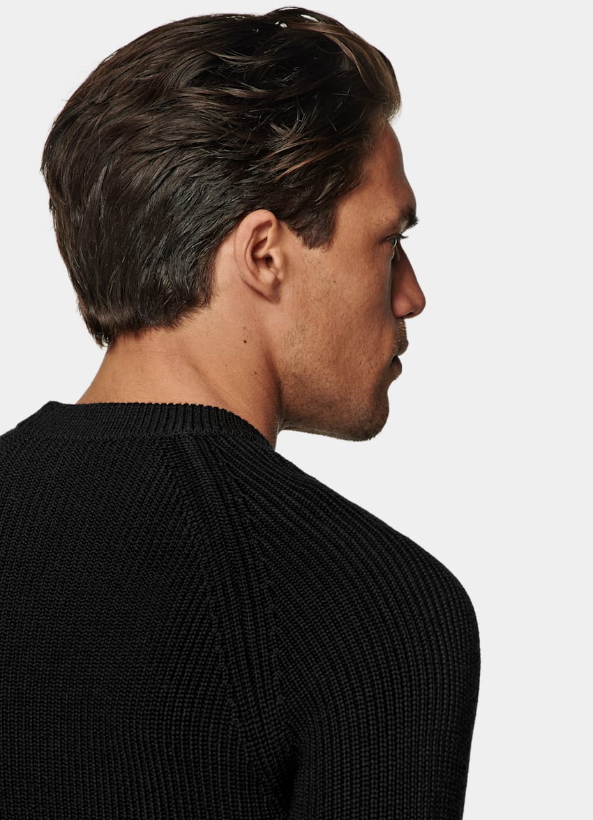 SUITSUPPLY Pure Wool Black Merino Ribbed Crewneck