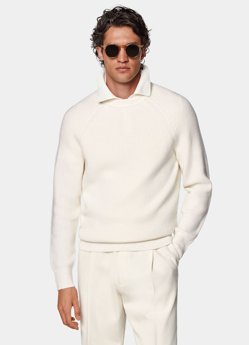 SUITSUPPLY Pure Schurwolle Merino Rundhalspullover off-white Rippstrick