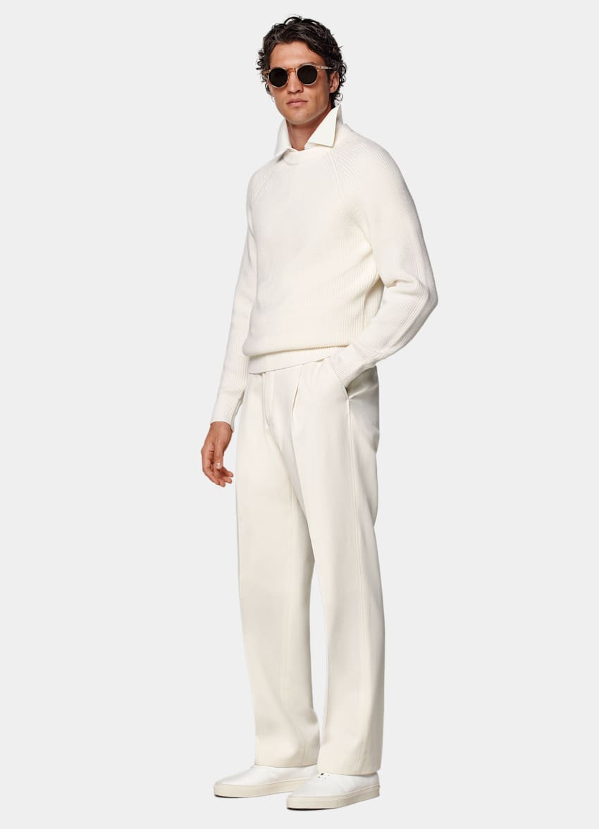 SUITSUPPLY Pure laine Pull col rond Merino côtelé blanc cassé