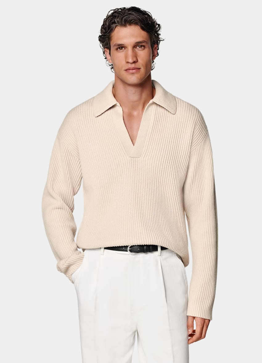 SUITSUPPLY Lana e cashmere Polo color sabbia a maniche lunghe senza bottoni a coste