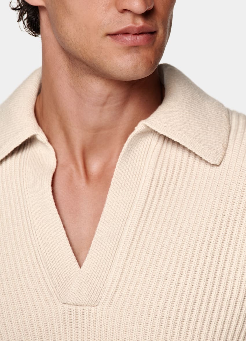 SUITSUPPLY Wool & Cashmere Sand Ribbed Long Sleeve Buttonless Polo