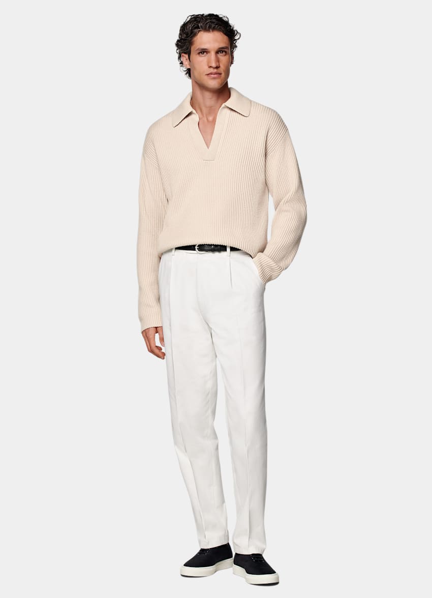 SUITSUPPLY Lana e cashmere Polo color sabbia a maniche lunghe senza bottoni a coste