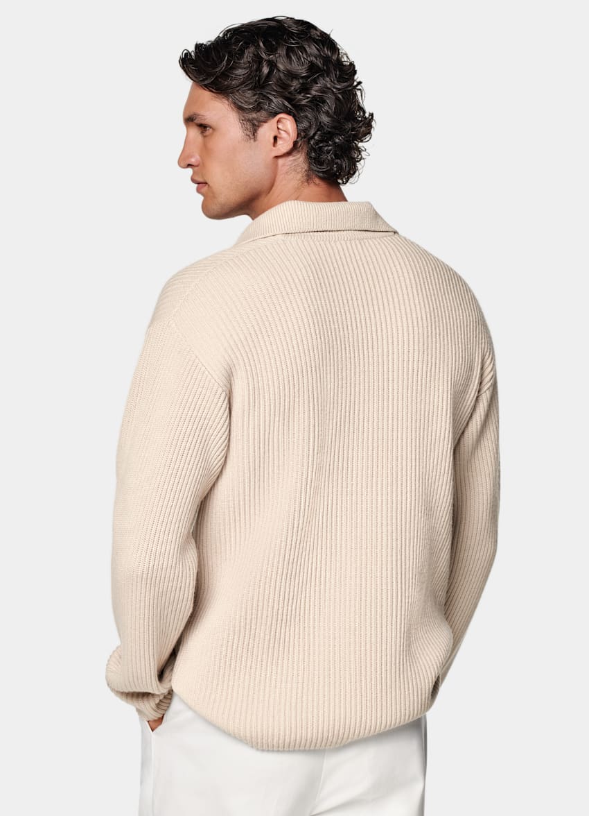 SUITSUPPLY Lana e cashmere Polo color sabbia a maniche lunghe senza bottoni a coste