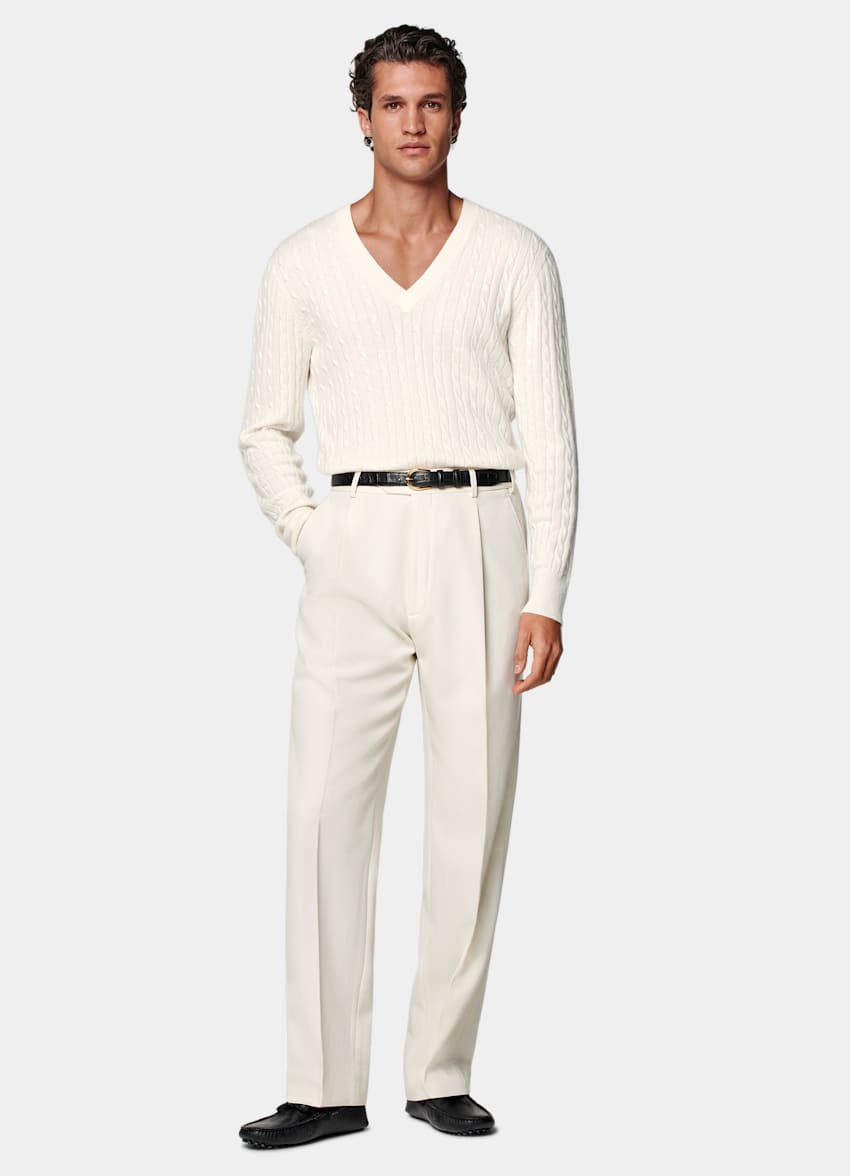SUITSUPPLY Pure Mongolian Cashmere Off-White Cable V-Neck