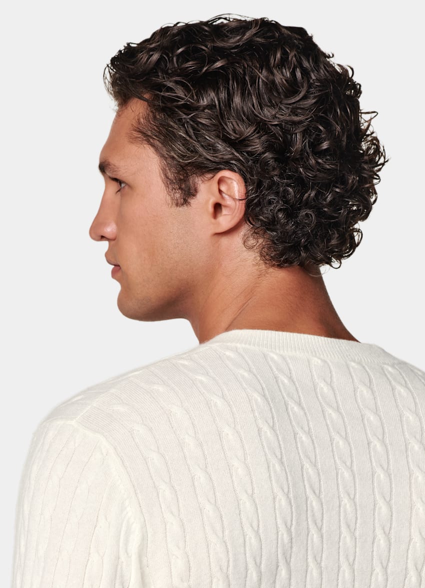 SUITSUPPLY Pure Mongolian Cashmere Off-White Cable V-Neck