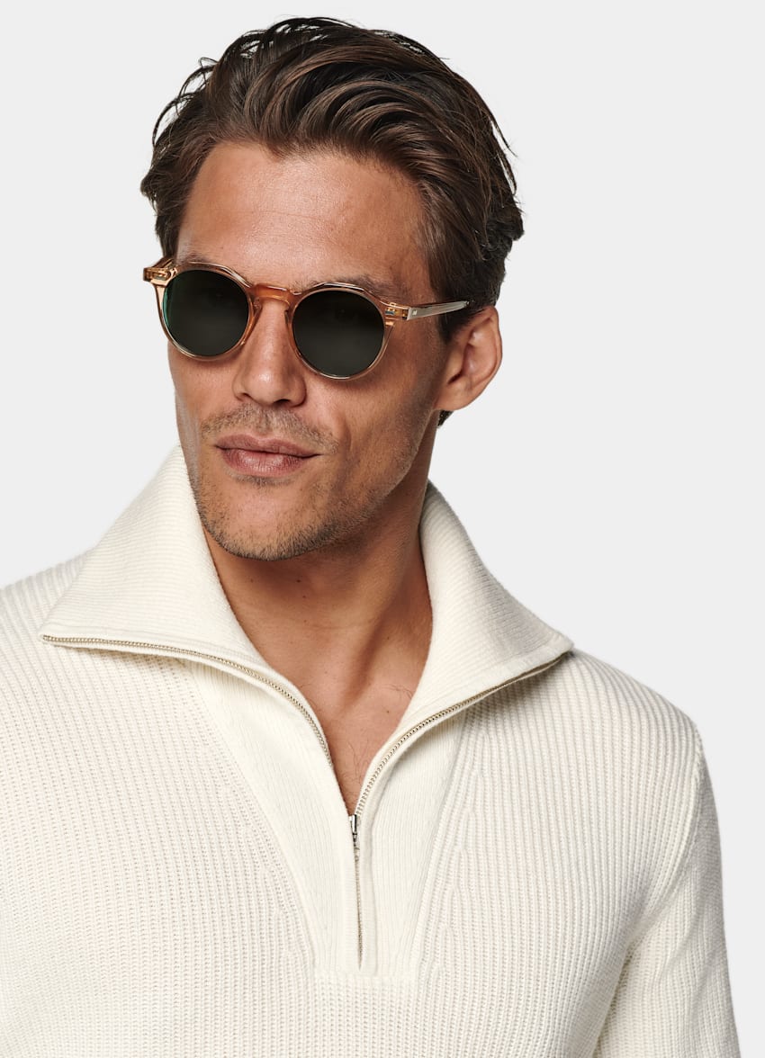 SUITSUPPLY Schurwolle und Cashmere Off-White Rippstrick halber Reißverschluss