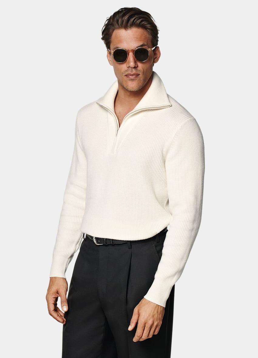 SUITSUPPLY Laine et cachemire Pull semi-zippé côtelé blanc cassé