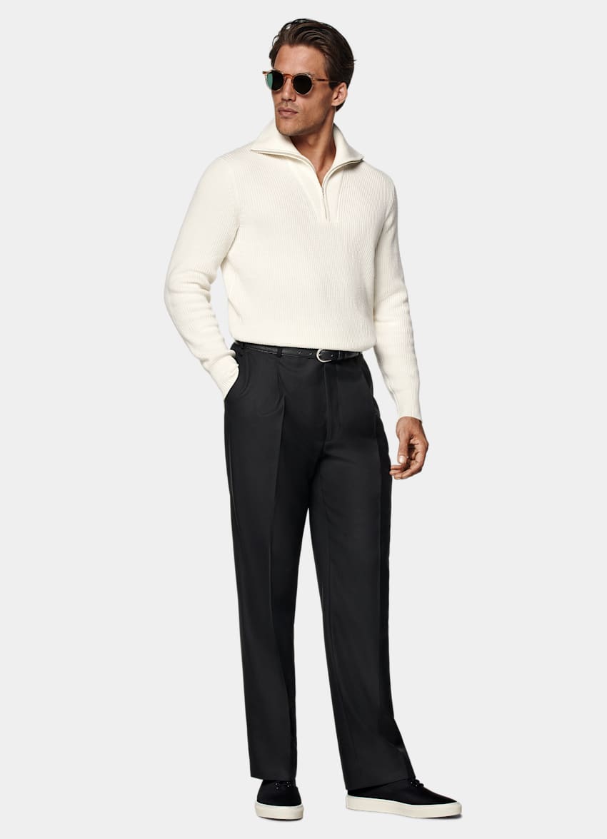 SUITSUPPLY Laine et cachemire Pull semi-zippé côtelé blanc cassé