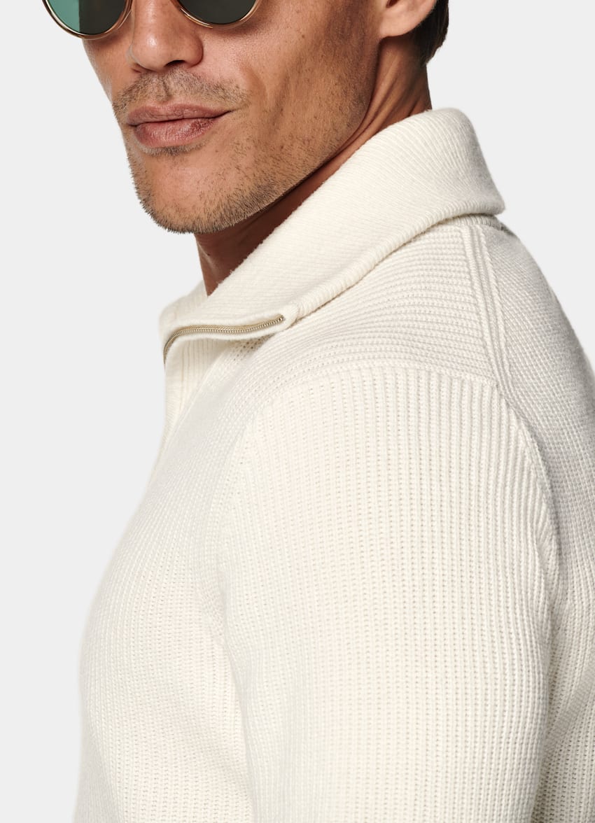 SUITSUPPLY Schurwolle und Cashmere Off-White Rippstrick halber Reißverschluss