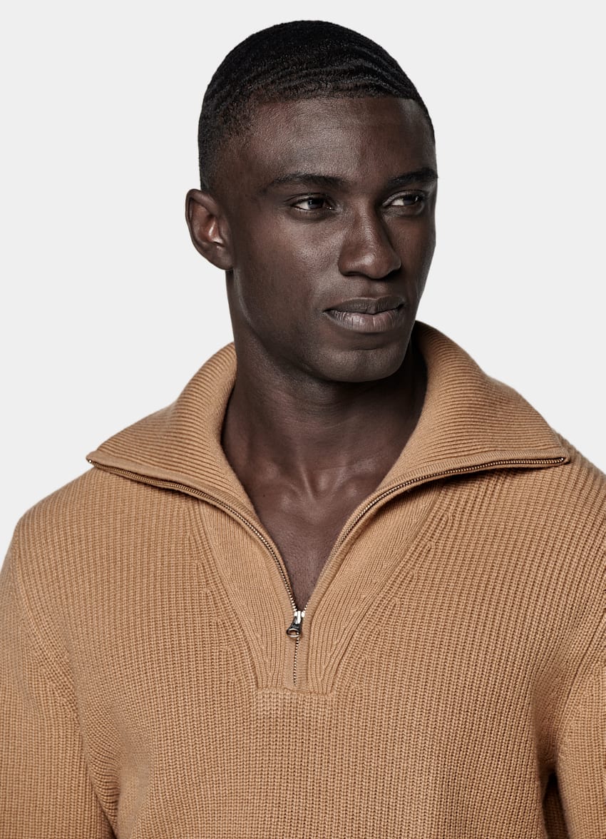 SUITSUPPLY Wool & Cashmere Mid Brown Ribbed Half Zip