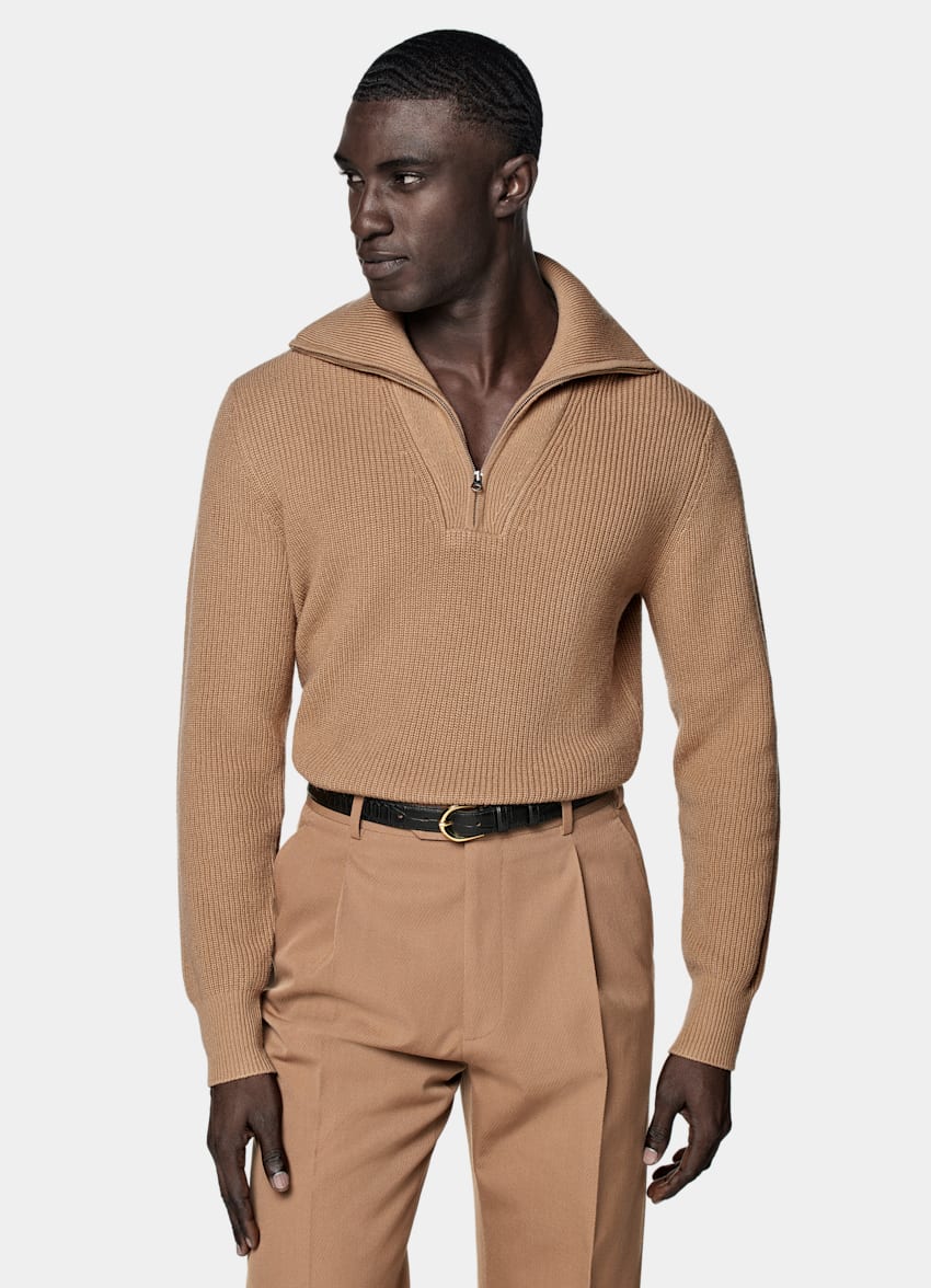 SUITSUPPLY Laine et cachemire Pull semi-zippé côtelé marron moyen