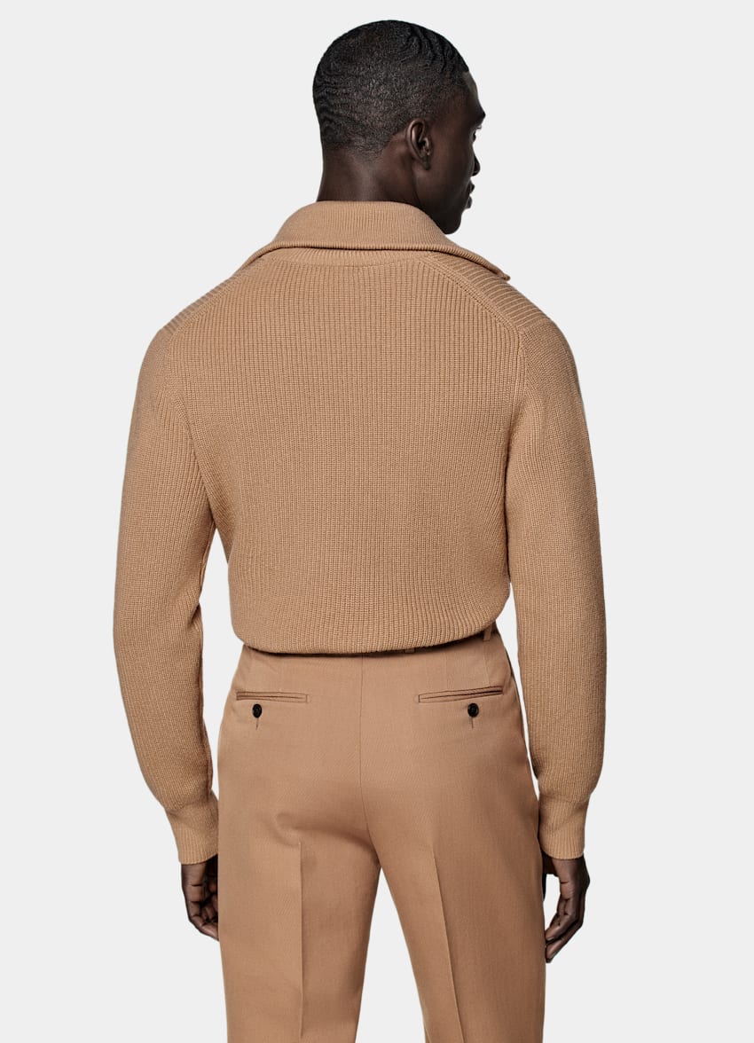 SUITSUPPLY Wool & Cashmere Mid Brown Ribbed Half Zip