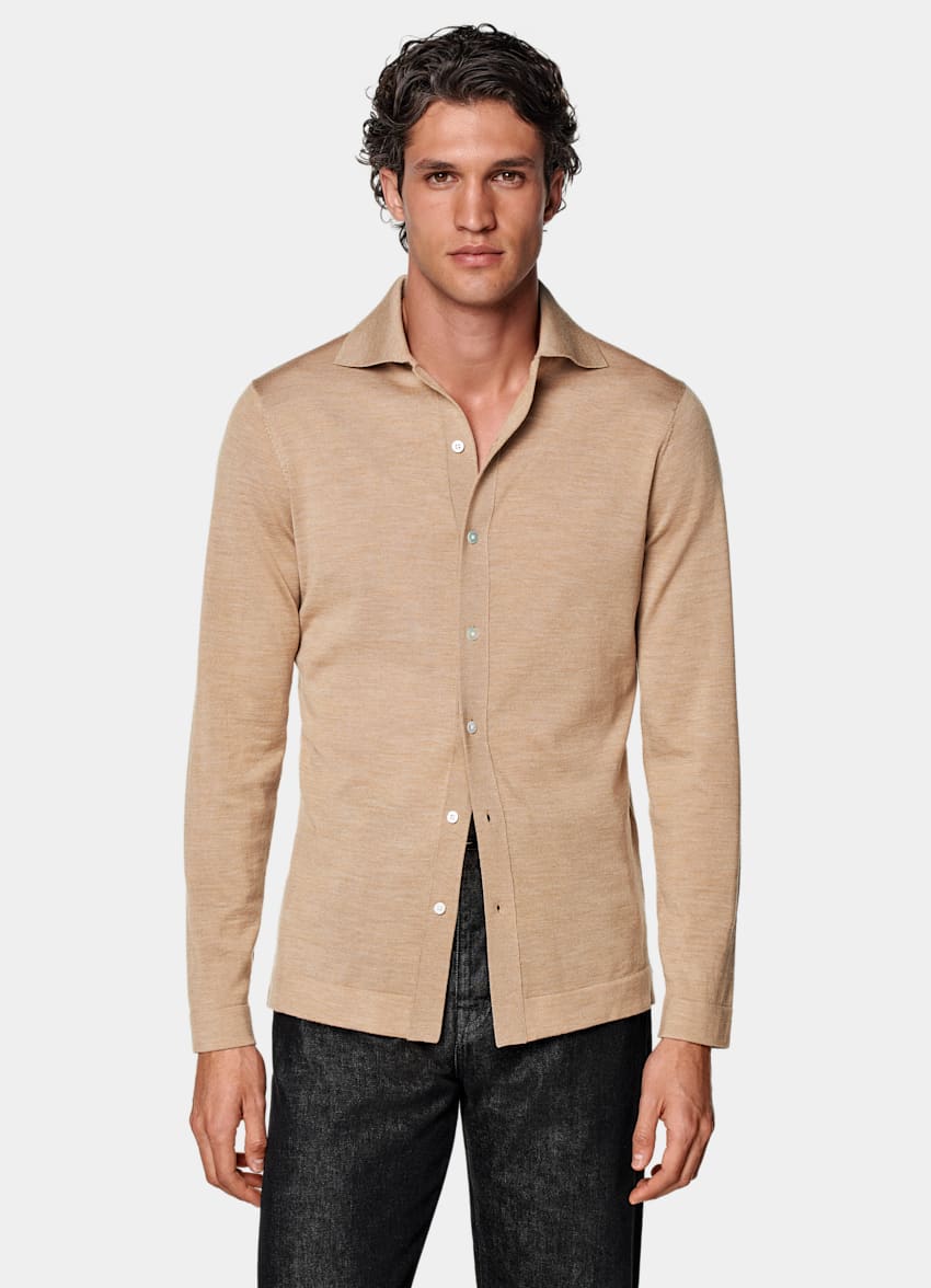 SUITSUPPLY Pure Schurwolle Merino Polo-Cardigan Langarm mittelbraun