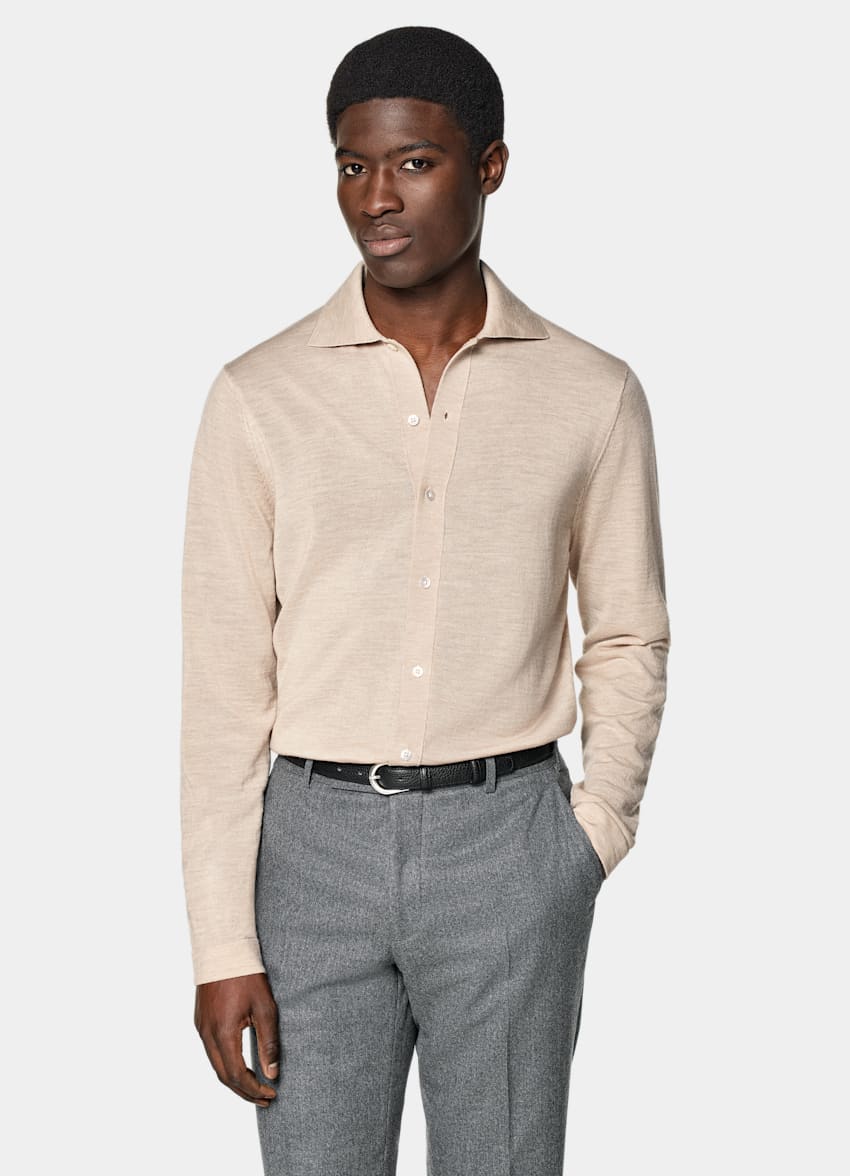 SUITSUPPLY Pura lana Cardigan-polo sabbia Merino a maniche lunghe