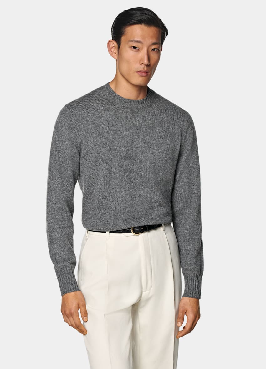 SUITSUPPLY Czysty mongolski kaszmir Sweter crewneck szary