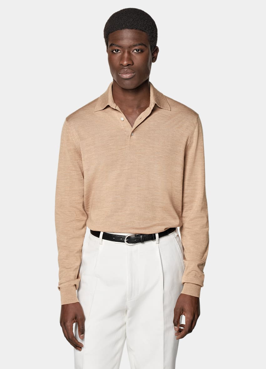 SUITSUPPLY Pure Wool Mid Brown Merino Long Sleeve Polo