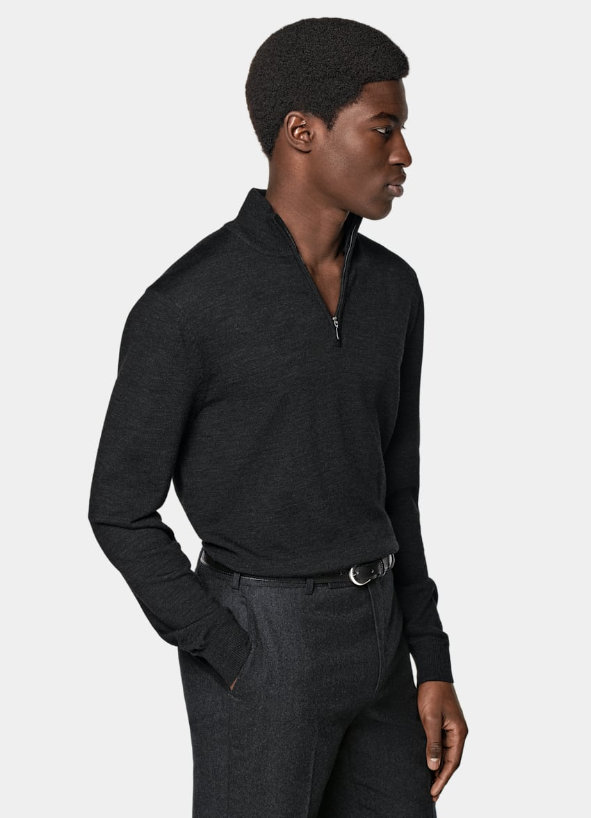 SUITSUPPLY Ren ull Mörkgrå merinotröja med half zip