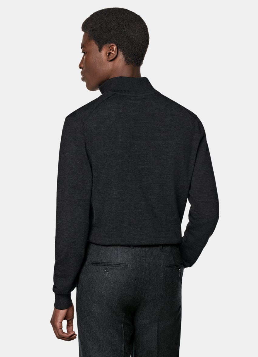 SUITSUPPLY Ren ull Mörkgrå merinotröja med half zip