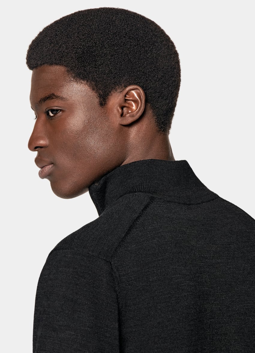 SUITSUPPLY Ren ull Mörkgrå merinotröja med half zip