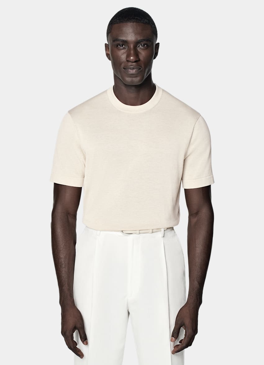 SUITSUPPLY Californian Cotton & Mulberry Silk Sand Short Sleeve Crewneck