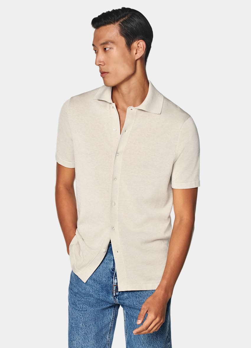 SUITSUPPLY Cotton Silk Sand Polo Cardigan