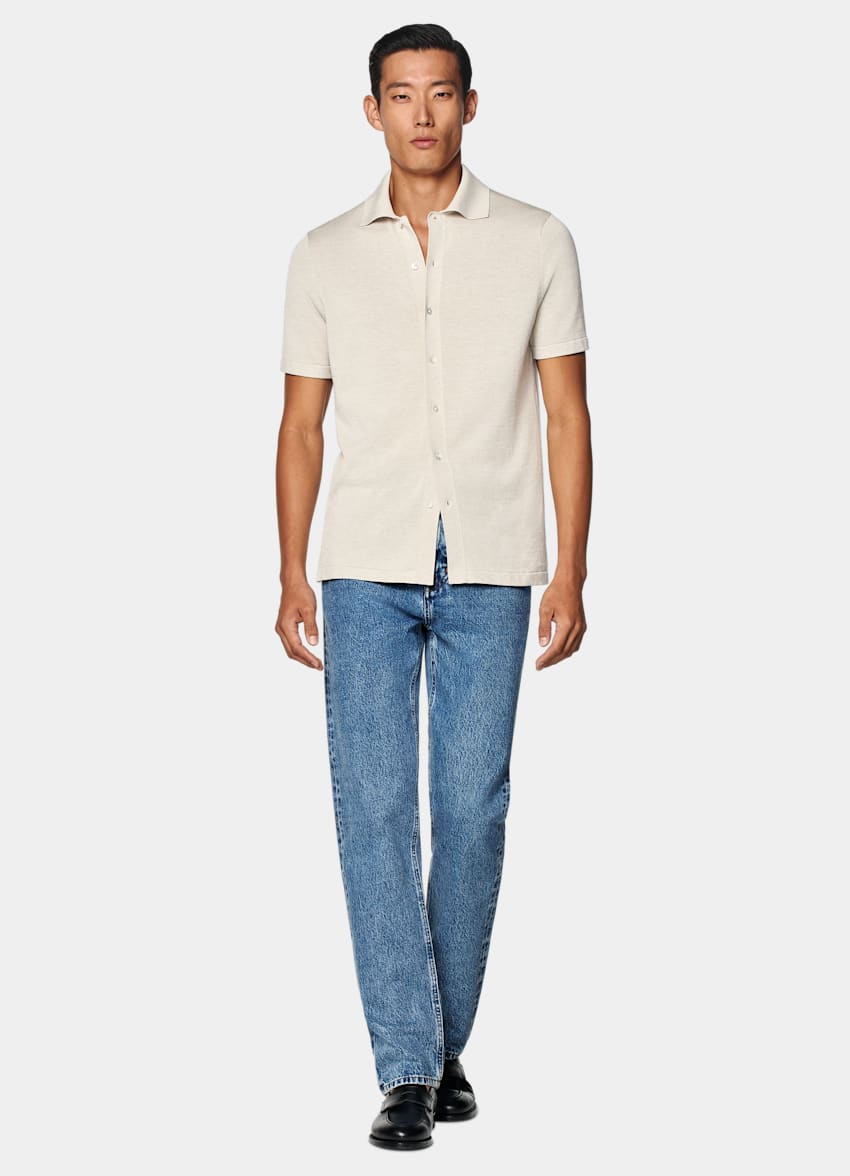 SUITSUPPLY Cotton Silk Sand Polo Cardigan